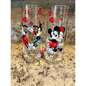 Disney Mickey Minnie Mouse stemless 2 FLUTE GLASSES hearts toasting wedding